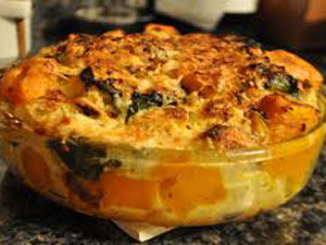 Butternut Squash, Caramelized Onion and Kale Savory Bread Pudding